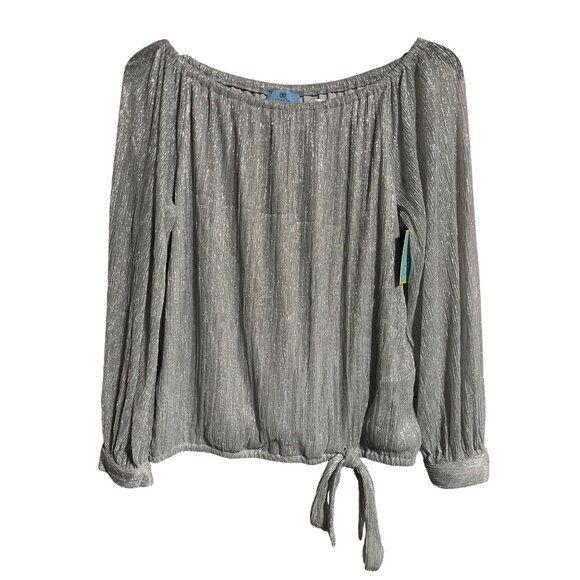 CeCe Womens Metallic Gray Long Sleeve Blouse Size Large Tie Hem Off Shoulder - Picture 1 of 5